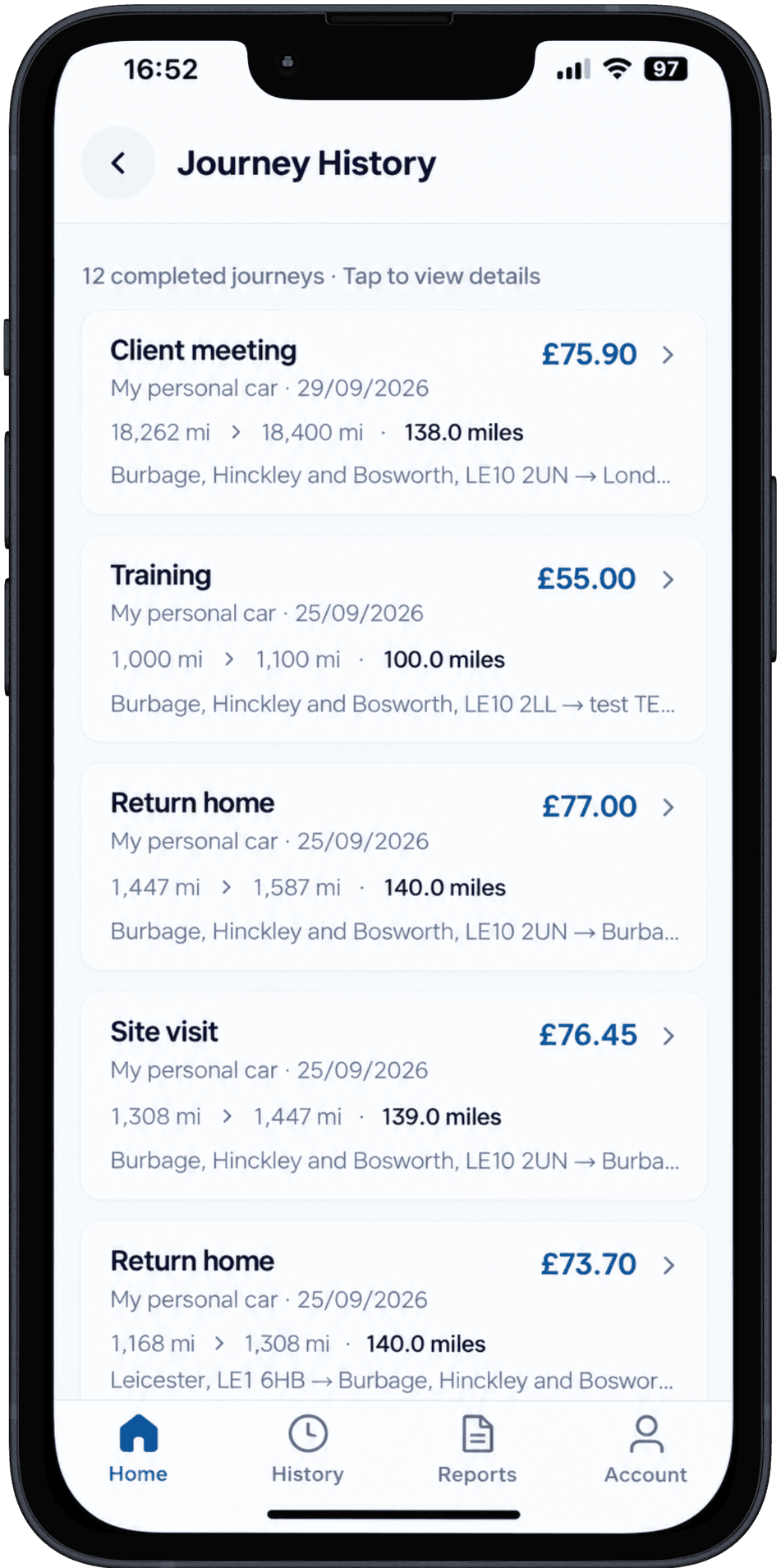 Going A2B business mileage journey history screen