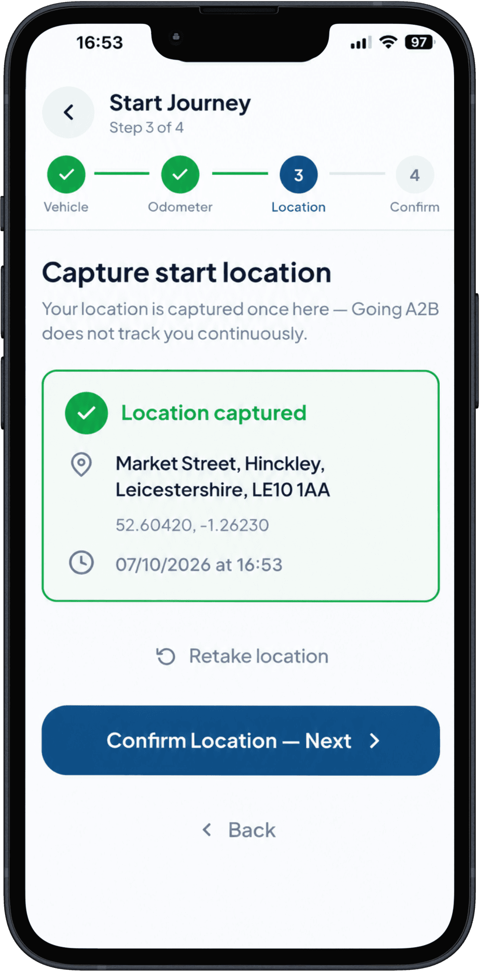 Going A2B business mileage location capture screen