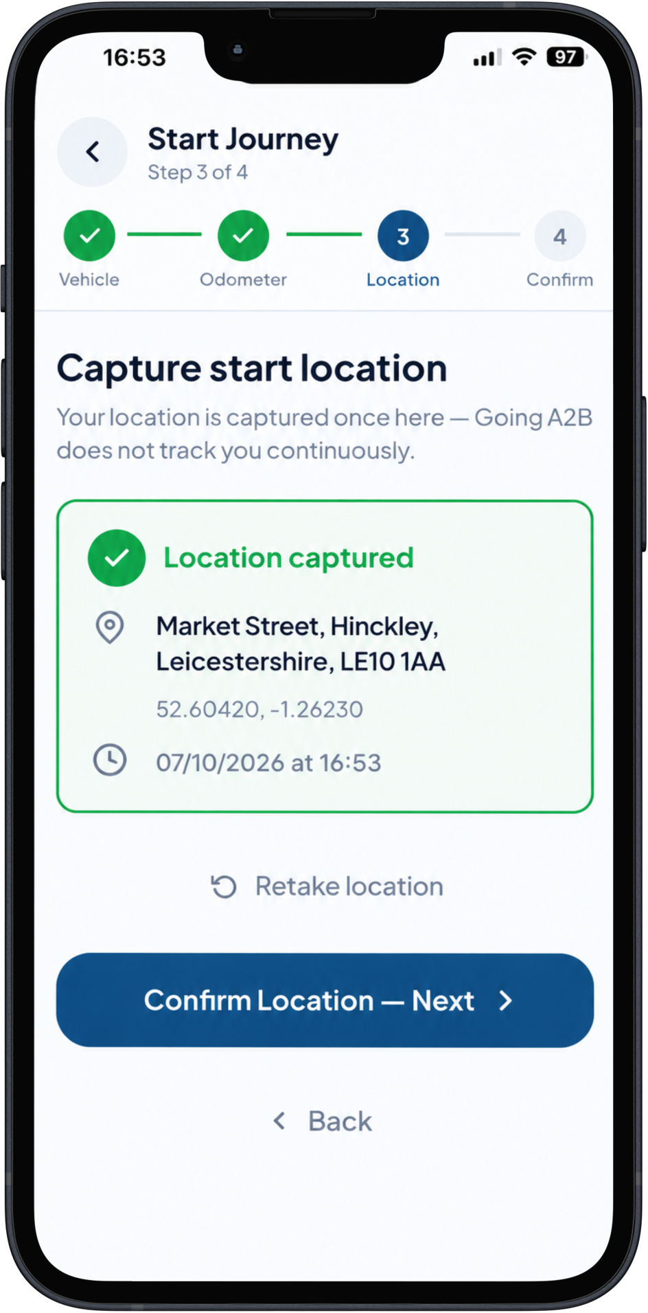 Going A2B capturing a business journey start location